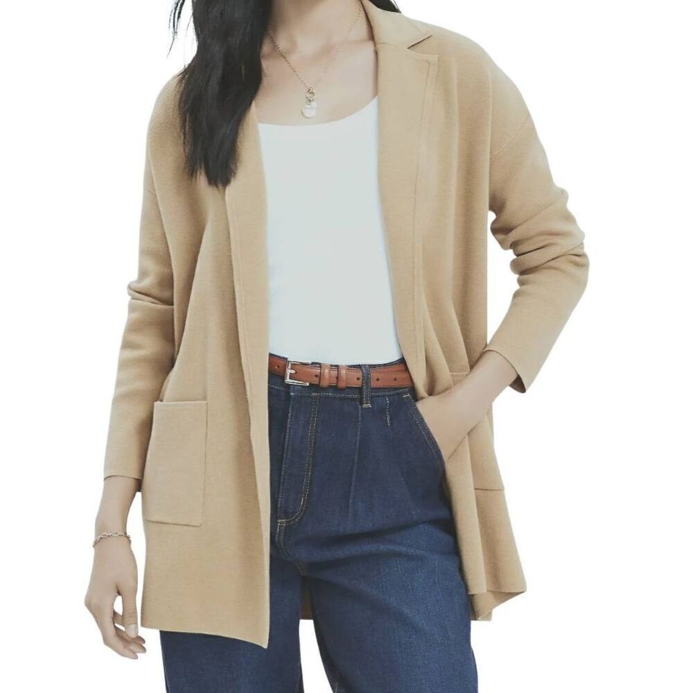 NWT LOFT Sweater Blazer Women's XS Petite Beige Neutral Open Collared Cotton